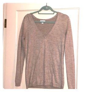 Ladies Tan V-neck sweater with gold accents
